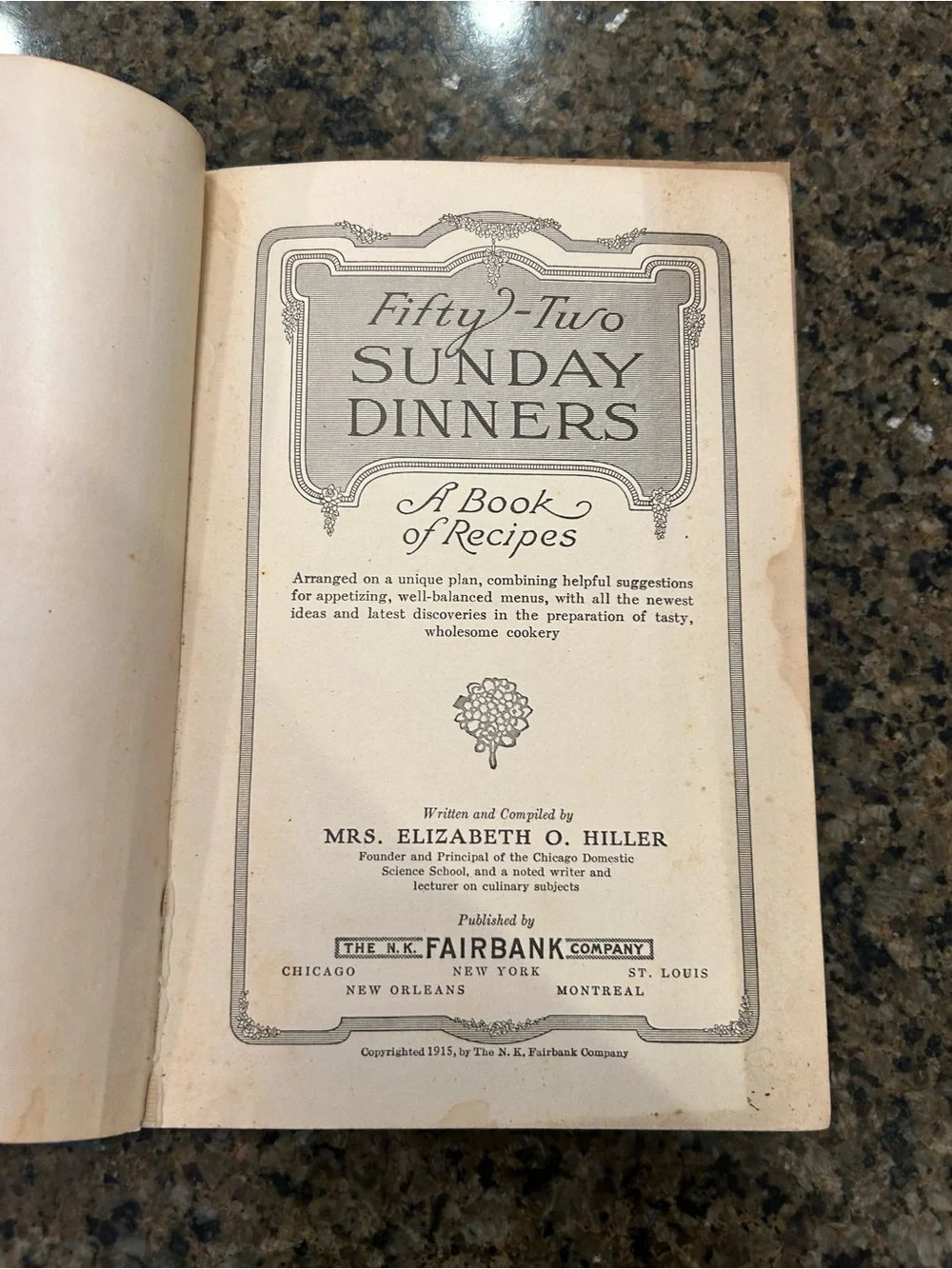 Fifty-Two Sunday Dinners by Elizebeth O Hiller 1915 Vintage Well Loved Used
